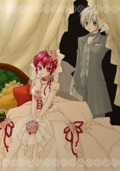 Rule 34 | alfa system, alternate costume, bouquet, chair, choker, curtains, dress, flower, formal, gloves, green eyes, grey suit, iria animi, pillow, pink flower, pink rose, red eyes, red hair, rose, ruca milda, rukanyo, short hair, suit, tales of (series), tales of innocence, v arms, veil, wedding, wedding dress, white gloves, white hair