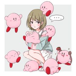 Rule 34 | ..., 1girl, 6+others, :t, blush, closed mouth, double bun, drooling, food, full body, green eyes, green hair, hair bun, hair ornament, hairclip, highres, holding, holding food, holding vegetable, hugging object, idolmaster, idolmaster shiny colors, kirby, kirby (series), long sleeves, looking at viewer, maxim tomato, multicolored clothes, multicolored shirt, multicolored sweater, multiple others, nanakusa nichika, nazuso, nintendo, object on head, open mouth, shoes, short hair, simple background, skirt, sleeping, sneakers, sonoda chiyoko, sparkle, speech bubble, squatting, sweatdrop, sweater, twintails, v-shaped eyebrows, vegetable, white skirt