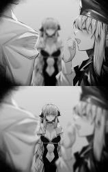 Rule 34 | 1boy, 2girls, artoria caster (fate), artoria caster (second ascension) (fate), artoria pendragon (fate), beret, blurry, bow, breasts, center opening, cleavage, closed eyes, commentary request, depth of field, dress, fate/grand order, fate (series), fujimaru ritsuka (male), greyscale, hair bow, hat, highres, hxd, large breasts, long hair, long sleeves, monochrome, morgan le fay (fate), multiple girls, navel, open mouth, ponytail, sidelocks, smile, very long hair