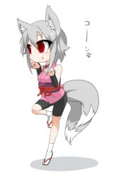 Rule 34 | 1girl, animal ears, bike shorts, chibi, fox ears, fox tail, japanese clothes, kimono, kitsune (mon-musu quest), licking lips, mon-musu quest!, monster girl, pixiv thumbnail, ra i, red eyes, resized, sandals, short hair, short kimono, silver hair, simple background, smile, solo, tail, tongue, tongue out, white background
