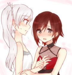 Rule 34 | 2girls, alternate costume, bad id, bad pixiv id, blush, brown hair, hand on another&#039;s chest, multiple girls, ruby rose, rwby, sorimachi-doufu, weiss schnee, white hair