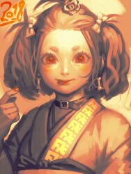 Rule 34 | 1girl, 2018, :p, animal collar, artist name, bangs pinned back, bellhenge, belt buckle, black collar, bone earrings, bow, brown hair, brown kimono, buckle, closed mouth, collar, commentary, english commentary, eyelashes, flower, hair bow, hair flower, hair ornament, japanese clothes, kimono, light blush, long hair, long sleeves, looking at viewer, nail polish, new year, orange background, original, pointing, pointing at self, red eyes, red nails, rose, smile, solo, tongue, tongue out, twintails, upper body, white bow, white flower, white rose