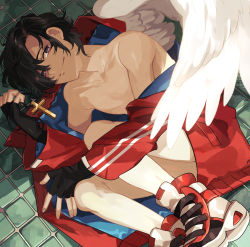 Rule 34 | 1boy, angel wings, bare legs, black gloves, black hair, blue coat, brown eyes, closed mouth, coat, collarbone, commentary request, cross, fingerless gloves, gloves, high tops, kyouichi, looking at viewer, lying, male focus, off shoulder, on floor, on side, original, red coat, red footwear, red shorts, shade, shoes, short hair, shorts, smile, sneakers, solo, tile floor, tiles, topless male, two-sided coat, two-sided fabric, white footwear, wings