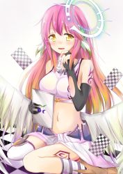 Rule 34 | + +, 10s, 1girl, angel wings, asymmetrical legwear, bad id, bad pixiv id, blush, breasts, spiked halo, drooling, elbow gloves, feathered wings, gloves, gradient hair, halo, jibril (no game no life), long hair, low wings, magic circle, midriff, mismatched legwear, multicolored hair, navel, no game no life, orange hair, pink hair, saliva, sitting, smile, solo, tablet pc, tailam, white wings, wings, yellow eyes