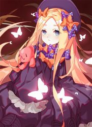 Rule 34 | 1girl, abigail williams (fate), blue eyes, bow, dress, erlge, fate/grand order, fate (series), hair bow, hat, highres, holding, holding stuffed toy, looking at viewer, multiple hair bows, orange bow, polka dot, polka dot bow, purple bow, purple dress, purple hat, sleeves past wrists, solo, stuffed animal, stuffed toy, teddy bear