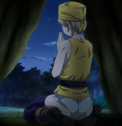 Rule 34 | 1boy, androgynous, ass, back, bandana, black legwear, black thighhighs, blonde hair, curvy, forest, from behind, full body, highres, huge ass, male ass, micro shorts, nature, night, praying, sanzoo (secret journey), screencap, secret journey, shiny skin, short hair, short shorts, shorts, sitting, skindentation, sky, thick thighs, thighhighs, thighs, third-party edit, wide hips