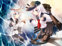 Rule 34 | 10s, 2girls, black legwear, blue eyes, cannon, dual persona, gengetsu chihiro, hammer and sickle, hat, hibiki (kancolle), highres, ice, kantai collection, long hair, multiple girls, open mouth, personification, pleated skirt, reflection, school uniform, serafuku, skirt, smile, star (symbol), thighhighs, turret, velt, verniy (kancolle), white hair
