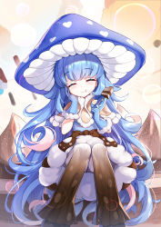 Rule 34 | 1girl, :t, absurdres, blue dress, blue gloves, blue hair, blush, brown capelet, brown pants, cake, cake slice, capelet, closed eyes, clover theater, colored inner hair, commentary request, dress, eating, facing viewer, feet out of frame, food, fork, fur-trimmed capelet, fur trim, gloves, gradient clothes, hand on own cheek, hand on own face, hands up, highres, hochstery (clover theater), holding, holding fork, ice cream, knees together feet apart, long hair, multicolored hair, mushroom hat, pants, qianze chia, sitting, solo, very long hair, white hair