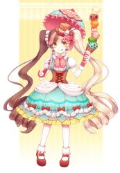 Rule 34 | 1girl, :q, blonde hair, bow, brown bow, brown hair, corset, curly hair, dress, earrings, food, food-themed clothes, fork, full body, gloves, gradient background, hair ribbon, hat, holding, ice cream cone, jewelry, kiritani846, lolita fashion, long hair, mary janes, mini hat, mini top hat, multicolored hair, original, outline, outside border, pale skin, parasol, personification, pink bow, pink hair, pocketland, polka dot, polka dot bow, red footwear, ribbon, shoes, socks, solo, spoon, stack, standing, striped, striped background, sweet lolita, tongue, tongue out, top hat, twintails, umbrella, very long hair, white gloves, white socks, yellow eyes