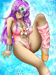 Rule 34 | blush, breasts, chunsoft, cleavage, covered erect nipples, dragon quest, dragon quest iv, enix, jewelry, large breasts, leg warmers, leotard, manya (dq4), necklace, purple eyes, purple hair