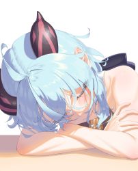 Rule 34 | 1girl, absurdres, ahoge, bare arms, bell, blue hair, blush, crossed arms, closed eyes, ganyu (genshin impact), genshin impact, highres, horns, neck bell, no gloves, skimun, sleeping, sleeping upright, sleeveless, solo, upper body, white background