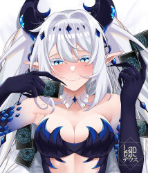 Rule 34 | + +, 1girl, bare shoulders, black horns, blue eyes, blush, breasts, card, cleavage, closed mouth, collarbone, colored eyelashes, diamond hair ornament, dragon girl, dragon horns, hair between eyes, highres, holding, holding card, horns, landacdeus, large breasts, nova aokami, playing card, pointy ears, signature, smile, solo, symbol-shaped pupils, twintails, upper body, virtual youtuber, vreverie, white hair