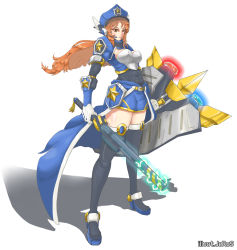 Rule 34 | 1girl, alternate costume, baton, black thighhighs, brown eyes, brown hair, headset, high heels, highres, league of legends, leona (league of legends), long hair, police, police uniform, policewoman, shadow, shield, simple background, solo, thick thighs, thighhighs, thighs, trombe, uniform