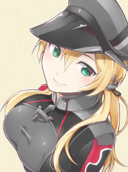 Rule 34 | 10s, 1girl, anchor hair ornament, blonde hair, breasts, cross, green eyes, hair ornament, hat, iron cross, kantai collection, large breasts, long hair, long sleeves, looking at viewer, military, military uniform, namaenadonai, peaked cap, prinz eugen (kancolle), smile, solo, twintails, uniform, upper body