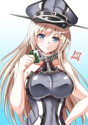Rule 34 | 1girl, :t, anchor, artist logo, bismarck (kancolle), blonde hair, blue background, blue eyes, breasts, commentary request, eating, food, gradient background, hand on own hip, hat, highres, kantai collection, kashiwa mochi (food), kentan (kingtaiki), large breasts, long hair, looking at viewer, military hat, one-hour drawing challenge, peaked cap, shirt, sleeveless, sleeveless shirt, solo, upper body, wagashi
