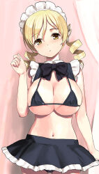 Rule 34 | 1girl, alternate costume, bikini, black bikini, black bow, black bowtie, blonde hair, bow, bowtie, breasts, cleavage, commentary, cowboy shot, drill hair, enmaided, hair ornament, hairpin, head tilt, highres, jiji (aardvark), large breasts, long hair, looking at viewer, mahou shoujo madoka magica, mahou shoujo madoka magica (anime), maid, maid bikini, maid headdress, parted lips, pink background, simple background, solo, swimsuit, tomoe mami, twin drills, unconventional maid, yellow eyes