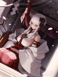 Rule 34 | 1girl, alternate breast size, arrow (projectile), bare shoulders, black survival, blunt bangs, blush, breasts, closed eyes, closed mouth, commentary request, copyright request, day, dutch angle, eternal return: black survival, flower, hair flower, hair ornament, hakama, hands on lap, huge weapon, japanese clothes, kimono, large breasts, letdie1414, long sleeves, nontraditional miko, open clothes, outdoors, own hands together, petals, quiver, red flower, red hakama, rio (black survival), seiza, short hair with long locks, shrine, sideboob, sidelocks, silver hair, sitting, solo, tassel, weapon, white kimono, wide sleeves