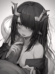 Rule 34 | 1boy, 1girl, absurdres, arknights, blush, breasts, censored, cleavage, dragon girl, dragon horns, dusk (arknights), erection, fellatio, grey background, greyscale, hair over one eye, handjob, hetero, highres, horns, jacket, large breasts, licking, licking penis, looking at viewer, monochrome, mosaic censoring, no shirt, off shoulder, open clothes, open jacket, open mouth, oral, penis, pointy ears, pov, simple background, solo focus, tab head