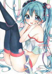 Rule 34 | 1girl, aqua eyes, aqua hair, hands on own face, hatsune miku, highres, long hair, mugicha (mugicha0929), open mouth, panties, sample watermark, sitting, solo, striped clothes, striped panties, thighhighs, traditional media, twintails, underwear, very long hair, vocaloid, watermark