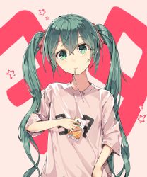 Rule 34 | 1girl, absurdres, drinking straw, green eyes, green hair, grey shirt, hair between eyes, hair ribbon, hatsune miku, head tilt, highres, holding, long hair, mouth hold, pink background, red ribbon, ribbon, shirt, solo, tine (pixiv27588527), twintails, upper body, very long hair, vocaloid