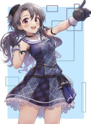Rule 34 | 1girl, absurdres, black gloves, black hair, choker, cowboy shot, dress, glasses, gloves, hat, highres, idolmaster, idolmaster million live!, idolmaster million live! theater days, looking at viewer, microphone, open clothes, outstretched arm, plaid, plaid dress, red eyes, shuucream (syuichi), smile, solo, takayama sayoko