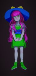 Rule 34 | 1girl, black background, child, closed mouth, dress, full body, green dress, green eyes, green footwear, hat, highres, long hair, looking at viewer, mossacannibalis, original, own hands together, pinafore dress, pink hair, puffy short sleeves, puffy sleeves, shoes, short sleeves, sleeveless dress, socks, solo, white socks