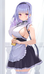 Rule 34 | 1girl, apron, azur lane, bare shoulders, black hairband, blush, breasts, clothing cutout, commentary request, dido (azur lane), dress, earrings, frills, gedou (shigure seishin), hairband, highres, holding, huge breasts, jewelry, large breasts, long hair, looking at viewer, maid, pink eyes, silver hair, sleeveless, solo, thighhighs, underboob, underboob cutout, waist apron, white apron, white thighhighs
