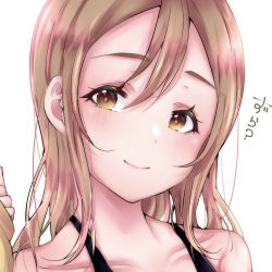 Rule 34 | 1girl, artist name, artist request, bare shoulders, black one-piece swimsuit, blush, breasts, brown eyes, brown hair, check translation, close-up, collarbone, commentary request, female focus, hair between eyes, highres, kunikida hanamaru, light brown hair, long hair, looking at viewer, love live!, love live! sunshine!!, one-piece swimsuit, parted lips, smile, solo, swimsuit, translated, translation request, upper body, white background, yellow eyes