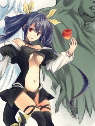 Rule 34 | 1girl, apple, arc system works, asymmetrical wings, bare shoulders, black thighhighs, blue hair, bow, breasts, choker, detached sleeves, dizzy (guilty gear), food, fruit, guilty gear, hair bow, long hair, midriff, navel, necro (guilty gear), open mouth, red eyes, ribbon, solo, tail, tail ornament, tail ribbon, thighhighs, twintails, underboob, undine (guilty gear), wings