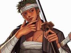 Rule 34 | 1boy, abs, bandaged arm, bandaged chest, bandaged head, bandages, black eyes, closed mouth, collarbone, earrings, green hair, holding, holding sword, holding weapon, jewelry, katana, male focus, one piece, roronoa zoro, scar, scar on chest, short hair, simple background, single earring, solo, sword, weapon, white background, yoleviii