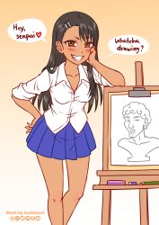 Rule 34 | 1girl, asymmetrical bangs, black hair, blue skirt, blush, breasts, brown eyes, burbur, collarbone, commentary, dark-skinned female, dark skin, drawing, earclip, easel, elbow rest, english commentary, feet out of frame, gradient background, grin, hair ornament, hairclip, hand on own hip, ijiranaide nagatoro-san, long hair, looking at viewer, medium breasts, nagatoro hayase, pencil, pleated skirt, school uniform, shirt, simple background, skirt, smile, solo, speech bubble, white shirt