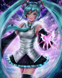 Rule 34 | 1girl, abstract background, aqua eyes, aqua hair, arm tattoo, black thighhighs, breasts, collared shirt, cowboy shot, detached sleeves, giving, hatsune miku, headphones, headset, heart, highres, lips, long hair, looking at viewer, magato98, miniskirt, nail polish, necktie, pleated skirt, project diva (series), purple background, shirt, skirt, small breasts, smile, solo, tattoo, thighhighs, twintails, very long hair, vocaloid, watermark, web address