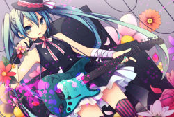 Rule 34 | 1girl, aqua hair, bandages, electric guitar, flower, green eyes, guitar, hat, hatsune miku, instrument, kuroi (liar-player), long hair, microphone, nail polish, skirt, solo, speaker, striped clothes, striped thighhighs, thighhighs, twintails, vertical-striped clothes, vertical-striped thighhighs, very long hair, vocaloid