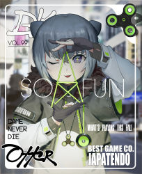 Rule 34 | 10s, 1girl, ;d, alternate costume, animal ears, blurry, character name, contemporary, cover, cropped jacket, depth of field, fake cover, fidget spinner, film grain, fingernails, gloves, grey hair, highres, jewelry, kemono friends, looking at viewer, magazine cover, necklace, one eye closed, open mouth, otter ears, partially fingerless gloves, small-clawed otter (kemono friends), smile, solo, star-shaped pupils, star (symbol), symbol-shaped pupils, unzipped, upper body, velcro, waterkuma, yo-yo
