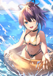 Rule 34 | 1girl, absurdres, bikini, black bikini, black hair, blue eyes, blue sky, breasts, cleavage, cloud, commentary, commission, cowboy shot, day, english commentary, halterneck, highres, indie virtual youtuber, innertube, large breasts, light rays, looking at viewer, melody (projektmelody), mxsoundtube, one eye closed, outdoors, pixiv commission, ponytail, short hair, sky, solo, string bikini, striped bikini, striped clothes, sunbeam, sunlight, swim ring, swimsuit, virtual youtuber, vshojo