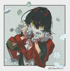 Rule 34 | 1boy, :3, androgynous, black hair, black jacket, border, bow, closed mouth, falling petals, flower, genzaw, grey background, hair bow, hair over eyes, hands up, highres, holding, holding flower, index finger raised, jacket, long sleeves, looking at viewer, mashiro meme, mashiro meme (1st costume), minibow, multiple hair bows, nijisanji, open clothes, open jacket, outside border, petals, pinky out, popped collar, red bow, red nails, red scarf, safety pin, scarf, shirt, short hair, smile, solo, static, twitter username, upper body, upturned eyes, virtual youtuber, white border, white flower, white shirt, yellow eyes