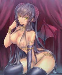 Rule 34 | 1girl, bad id, bad pixiv id, bare shoulders, black gloves, black thighhighs, bracelet, breasts, demon girl, demon wings, earrings, elbow gloves, gloves, horns, jewelry, large breasts, lirshana, long hair, looking at viewer, lots of jewelry, maou no hajimekata, nipples, original, see-through, shintou, shiny skin, solo, thighhighs, wings, yellow eyes