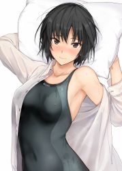 Rule 34 | 1girl, amagami, black eyes, black hair, black one-piece swimsuit, blouse, bob cut, breasts, competition swimsuit, dress shirt, hair between eyes, looking at viewer, medium breasts, mobu, nanasaki ai, one-piece swimsuit, open clothes, open shirt, pillow, shirt, simple background, solo, swimsuit, swimsuit under clothes, upper body, white background, white shirt