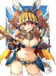 Rule 34 | 1girl, armor, bikini armor, breasts, brown gloves, brown hair, cape, character request, cleavage, cowboy shot, crying, crying with eyes open, faulds, gloves, gluteal fold, gold trim, groin, helmet, holding, holding sword, holding weapon, large breasts, last period, long hair, looking at viewer, navel, open mouth, red eyes, revealing clothes, shoulder armor, signature, solo, pauldrons, standing, stomach, sword, tears, thighhighs, thighs, tsurugi hagane, twintails, weapon, winged helmet