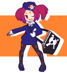 Rule 34 | 1girl, bag, duel monster, fang, full body, garoudo (kadouhan&#039;i), gloves, hat, open mouth, pantyhose, print pantyhose, red eyes, red hair, skirt, skull, skull and crossbones, smile, solo, tour guide from the underworld, twintails, whistle, yu-gi-oh!