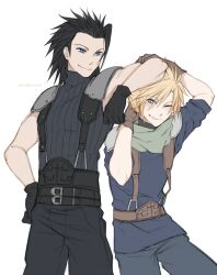 Rule 34 | 2boys, arm on another&#039;s head, arm up, armor, artist name, belt, black belt, black hair, black pants, black sweater, blonde hair, blue eyes, blue pants, blue shirt, blush, brown gloves, cloud strife, cowboy shot, crisis core final fantasy vii, final fantasy, final fantasy vii, gloves, green scarf, grin, hair slicked back, hand on another&#039;s arm, hand on own hip, looking at another, looking down, male focus, multiple belts, multiple boys, one eye closed, pants, pauldrons, ruebird, scar, scar on face, scarf, shinra infantry uniform, shirt, short hair, shoulder armor, simple background, sleeveless, sleeveless sweater, sleeveless turtleneck, smile, spiked hair, suspenders, sweater, turtleneck, turtleneck sweater, upper body, white background, zack fair