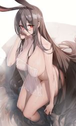 Rule 34 | 1girl, absurdres, animal ears, bath, bathing, blush, breasts, brown hair, closed mouth, collarbone, covering privates, from above, hair between eyes, highres, impossible towel, large breasts, long hair, looking at viewer, looking up, ludaf, mole, mole under eye, naked towel, nude cover, onsen, original, rabbit ears, red eyes, see-through, sitting, soaking feet, solo, towel, very long hair, water, wet, wet towel