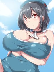 Rule 34 | 10s, 1girl, bad id, bad pixiv id, breast hold, breasts, brown hair, cleavage, hat, highres, huge breasts, kantai collection, moisture (chichi), one-piece swimsuit, red eyes, solo, swimsuit, takao (kancolle)