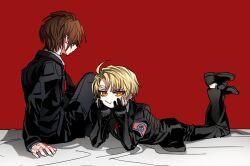 Rule 34 | 2boys, :t, armband, black footwear, black jacket, black pants, blonde hair, brown hair, commentary request, employee (project moon), jacket, lobotomy corporation, long sleeves, lying, male focus, multiple boys, necktie, no nose, no socks, on stomach, pants, project moon, red armband, red background, red necktie, shirt, shoes, short hair, shot (urem), simple background, sitting, sketch, the pose, white shirt, yellow eyes