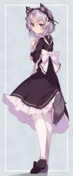 Rule 34 | 1girl, absurdres, alternate costume, animal ears, apron, black dress, closed mouth, dress, enmaided, fake animal ears, full body, grey eyes, grey hair, hair between eyes, highres, kantai collection, long sleeves, maid, maid apron, nowaki (kancolle), short hair, solo, tail, thighhighs, uut, white apron, white thighhighs, wolf ears, wolf tail