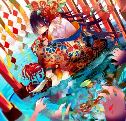 Rule 34 | 1girl, breasts, dagger, dutch angle, flower, full body, hair flower, hair ornament, highres, japanese clothes, knife, legs up, lily pad, long hair, lotus, original, partially submerged, pond, red eyes, ripples, sitting, soaking feet, solo, tatsumi3, water, weapon, wind chime