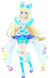 Rule 34 | 1girl, :d, blonde hair, blue bow, blue eyes, blue footwear, blue shirt, blue shorts, boots, bow, crescent, earrings, full body, glowing clothes, hair bow, himitsu no aipri, hoshikawa mitsuki, idol clothes, jewelry, knee boots, long hair, looking at viewer, midriff, open mouth, pretty series, shirt, shorts, smile, solo, standing, very long hair