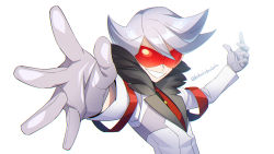 Rule 34 | 1boy, artist name, commentary request, creatures (company), game freak, gloves, grey gloves, hands up, highres, jacket, lear (pokemon), long sleeves, looking at viewer, male focus, momoji (lobolobo2010), necktie, nintendo, pokemon, pokemon masters ex, red-tinted eyewear, red necktie, silver hair, smile, solo, sunglasses, tinted eyewear, upper body, white background, white jacket
