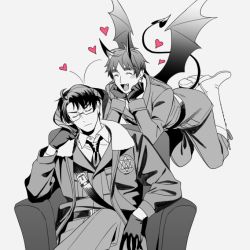 Rule 34 | 2boys, ^ ^, ^o^, adapted costume, alternate hair color, alternate universe, america (hetalia), annoyed, axis powers hetalia, black hair, bomber jacket, chair, closed eyes, closed mouth, collared shirt, curled horns, demon boy, demon horns, demon tail, demon wings, closed eyes, glasses, grey background, hand on own cheek, hand on own face, hands on own cheeks, hands on own face, heart, horns, jacket, male focus, multiple boys, shirt, sitting, tail, to@st, united kingdom (hetalia), wings, yaoi