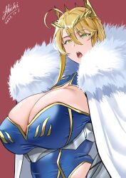 Rule 34 | 1girl, absurdres, artoria pendragon (fate), artoria pendragon (lancer) (fate), bare shoulders, blonde hair, breasts, cape, cleavage cutout, clothing cutout, covered navel, crown, fate/grand order, fate (series), gauntlets, green eyes, hair between eyes, highres, huge breasts, large breasts, leotard, looking at viewer, navel, open mouth, red background, shiki (love-saber), signature, solo, white cape